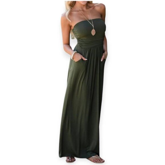 AMAZON Dresses & Skirts - AMAZON ARMY GREEN STRAPLESS MAXI DRESS W/POCKETS SZ.XL EUC